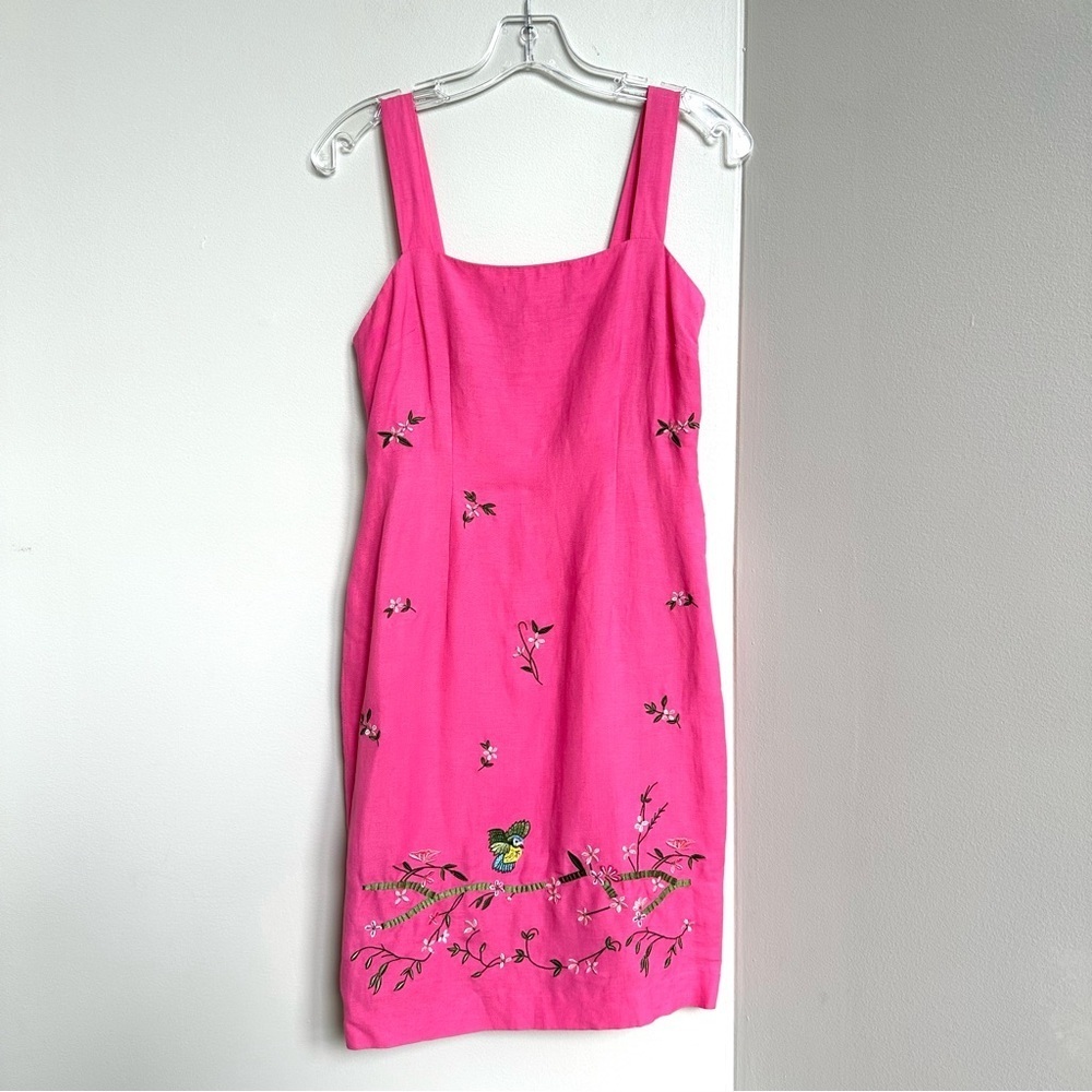 Vintage Linen Blend Embroidered Donna Morgan Sheath Dress Floral + Birds Pink